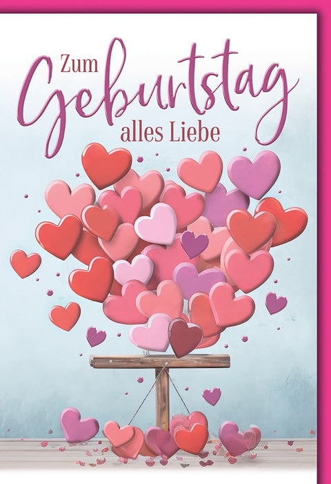 Geburtstagskarte mit Herz - Motiv: Bunte Herzballons in Rosa und Rot, liebevolle Botschaft für Freunde