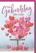 Geburtstagskarte mit Herz-Motiv: Bunte Herzballons in Rosa und Rot, liebevolle Botschaft für Freunde