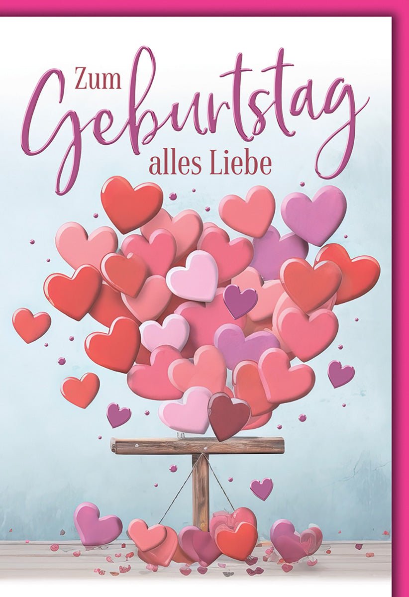 Geburtstagskarte mit Herz - Motiv: Bunte Herzballons in Rosa und Rot, liebevolle Botschaft für Freunde