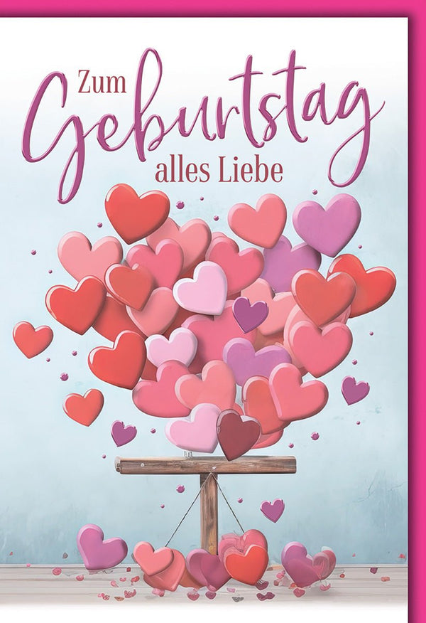 Geburtstagskarte mit Herz-Motiv: Bunte Herzballons in Rosa und Rot, liebevolle Botschaft für Freunde