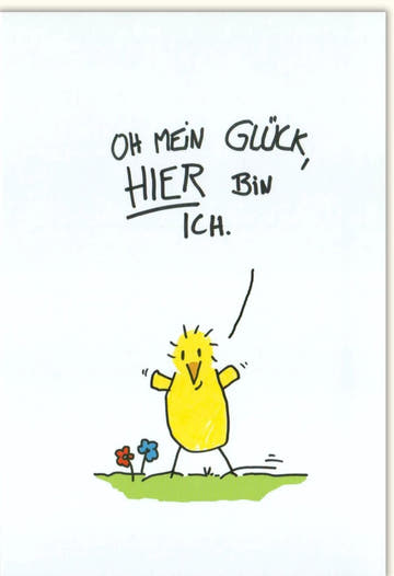 Geburtstagskarte mit Humor - Witzige Cartoon - Illustration und Positiver Spruch in Gelb für Freude & Optimismus