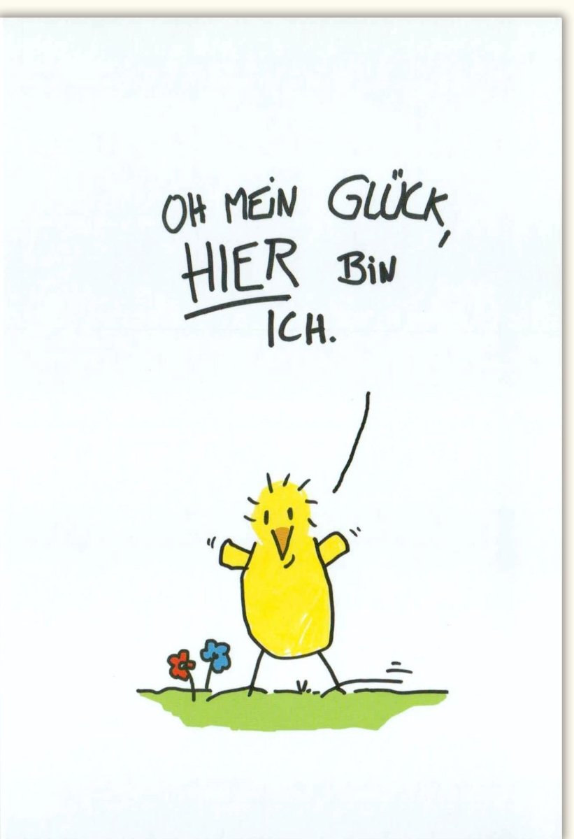 Geburtstagskarte mit Humor - Witzige Cartoon - Illustration und Positiver Spruch in Gelb für Freude & Optimismus