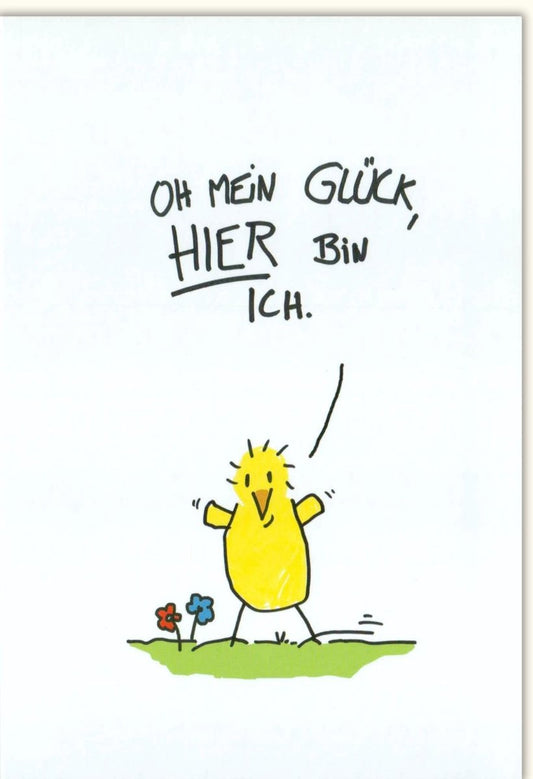 Geburtstagskarte mit Humor - Witzige Cartoon - Illustration und Positiver Spruch in Gelb für Freude & Optimismus