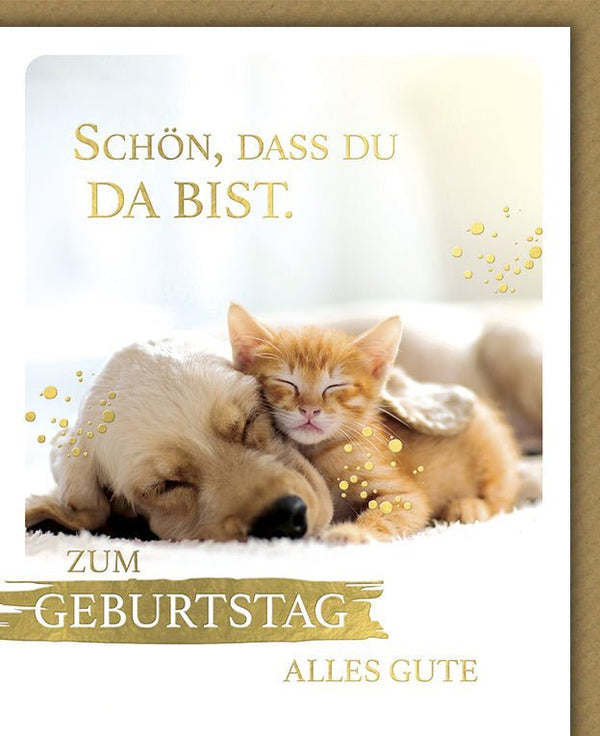 Geburtstagskarte mit Hund & Katze: Liebevolle Grüße, Gold Konfetti für Freundschaft