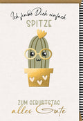 Geburtstagskarte mit Kaktus-Illustration - Humorvolle Pflanze mit Herz & Brille, Goldakzente, Verlag Galerie Dominique