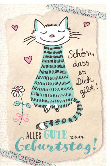 Geburtstagskarte mit Katze und Herzchen liebevoll illustriert Alles Gute zum Geburtstag Doppelkarte für Katzenliebhaber