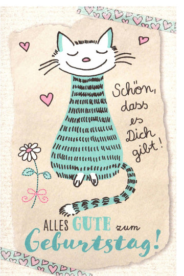 Geburtstagskarte mit Katze und Herzchen liebevoll illustriert Alles Gute zum Geburtstag Doppelkarte für Katzenliebhaber