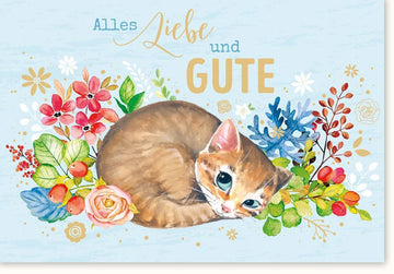 Geburtstagskarte mit Katzenmotiv: Bunte Glückwünsche, Blumen & Tiere - Kreatives Design für Freude & Liebe