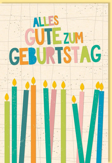 Geburtstagskarte mit Kerzenmotiv – Bunte Glückwunschkarte aus Zuckerrohrpapier, Pastelltöne auf beigem Hintergrund für Feiern mit Familie und Freunden