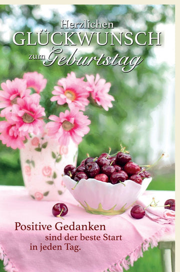 Geburtstagskarte mit Kirschdesign: Sommerliche Grüße, Rosa Blumen & Früchte für einen festlichen Geburtstag