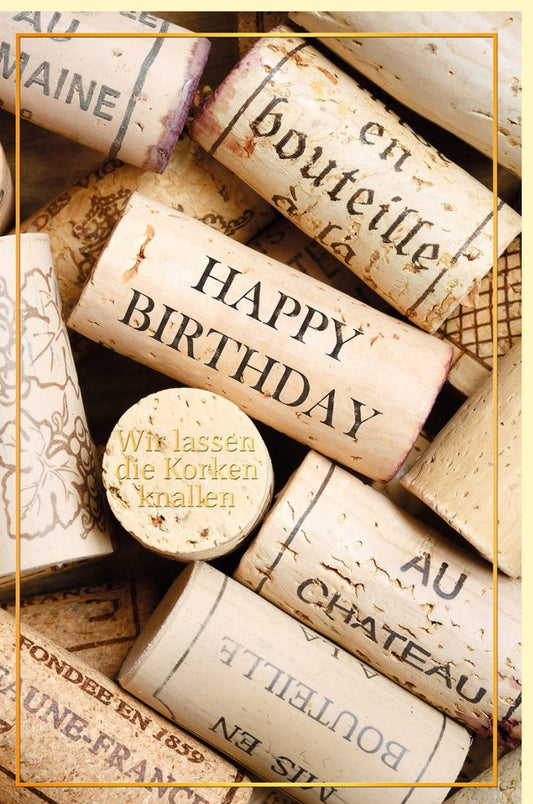 Geburtstagskarte mit Korken - Motiv in Goldfolie – Elegante Glückwünsche für Weinliebhaber, Stilvolle Vintage Cheers Celebration