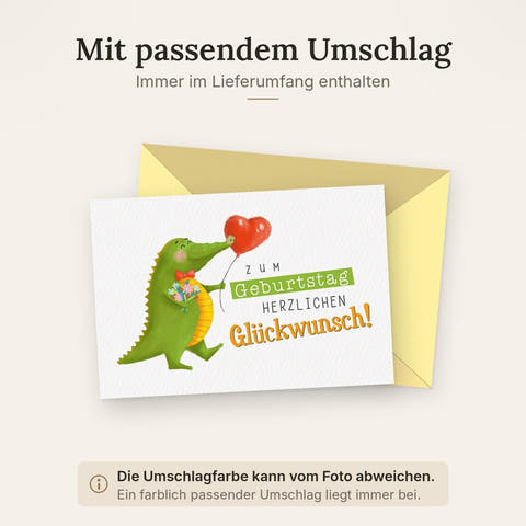 Geburtstagskarte mit Krokodil, Blumen & Herz-Luftballon – Naturkarton für Kinder & Erwachsene, Grün – Herzliche Glückwünsche