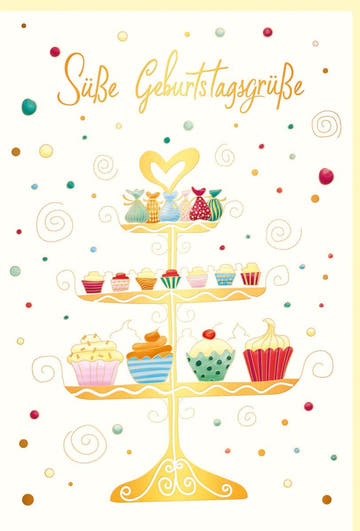 Geburtstagskarte mit Kuchenetagere & Muffins, Bunte Glückwünsche auf Naturkarton, Veredelt mit Goldfolie und Blindprägung in Pastellfarben