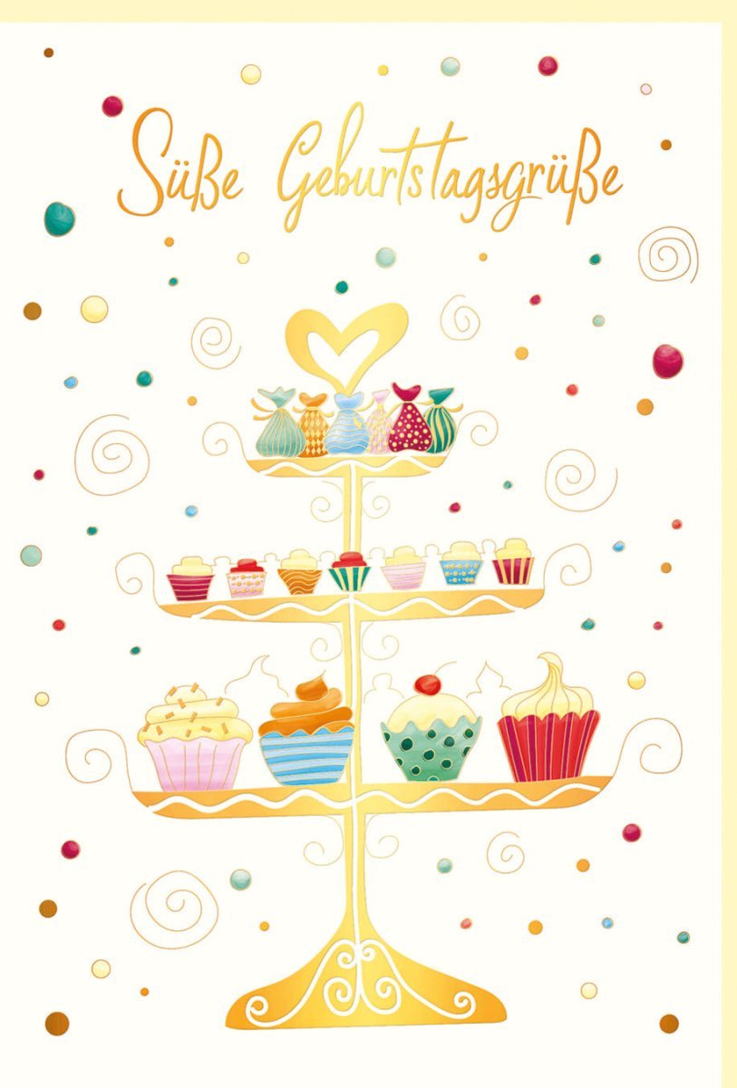 Geburtstagskarte mit Kuchenetagere & Muffins, Bunte Glückwünsche auf Naturkarton, Veredelt mit Goldfolie und Blindprägung in Pastellfarben