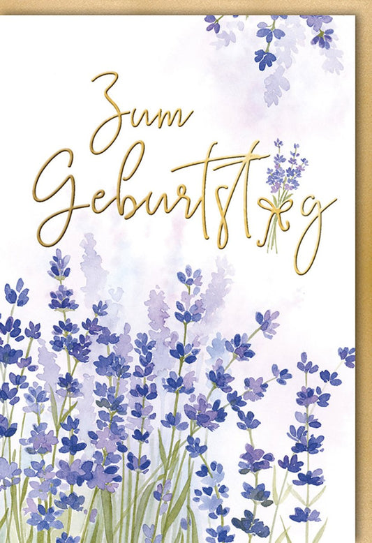 Geburtstagskarte mit Lavendelmotiv und goldener Schrift edle Klappkarte zum Geburtstag florale Doppelkarte für Glückwünsche