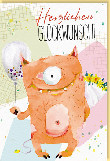 Geburtstagskarte mit lustigem Monster, Luftballons & Blumen – farbenfrohes Design für Kinder & Erwachsene