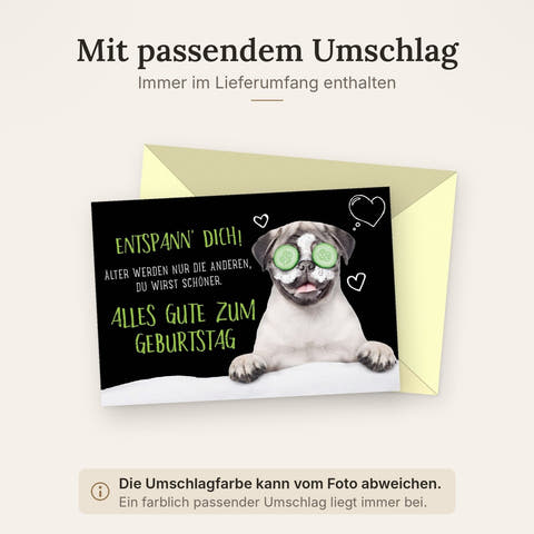Geburtstagskarte mit lustigem Mops Motiv und Gurkenscheiben Entspann dich Alles Gute zum Geburtstag witzige Glückwunschkarte