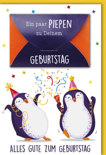 Geburtstagskarte mit lustigen Pinguinen und Konfetti - Farbenfrohe Glückwünsche für Jung und Alt