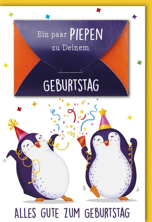 Geburtstagskarte mit lustigen Pinguinen und Konfetti - Farbenfrohe Glückwünsche für Jung und Alt