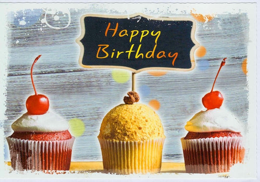 Geburtstagskarte mit Muffins und Kirschen Vintage Design Happy Birthday Schriftzug bunte Glückwunschkarte zum Geburtstag
