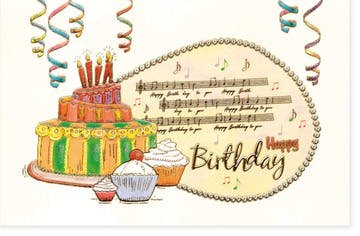 Geburtstagskarte mit Musiknoten & Torte - Fröhliche Karte mit Cupcake, Konfetti und Party Kerzen für einen besonderen Tag