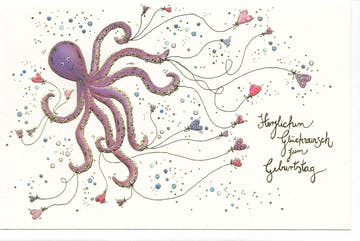 Geburtstagskarte mit Oktopus Motiv liebevoll illustriert Herzlichen Glückwunsch zum Geburtstag Doppelkarte für Kinder und Erwachsene