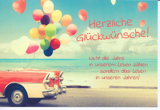 Geburtstagskarte mit Oldtimer und bunten Luftballons am Meer Herzlich Glückwunsch Karte für Geburtstag Lebensfreude Vintage Motiv