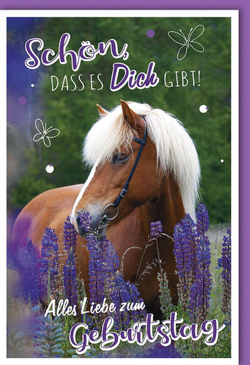 Geburtstagskarte mit Pferdemotiv - Stilvolle Glückwünsche in Lila & Weiß, Naturdesign mit Blumen und Herzlichen Glückwunsch Schriftzug