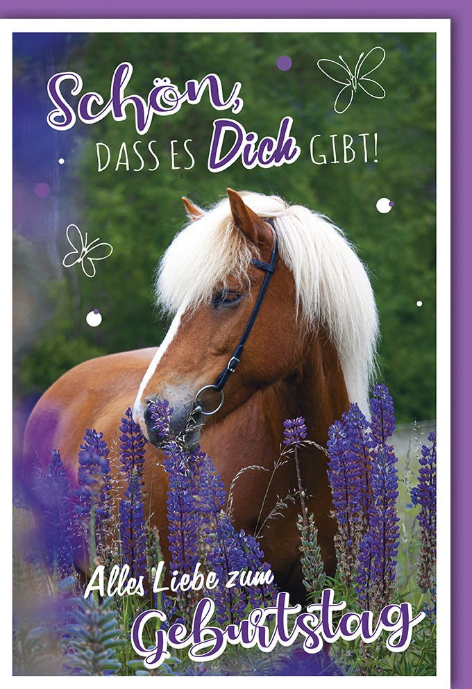 Geburtstagskarte mit Pferdemotiv - Stilvolle Glückwünsche in Lila & Weiß, Naturdesign mit Blumen und Herzlichen Glückwunsch Schriftzug