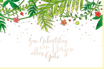 Geburtstagskarte mit Pflanzenillustrationen, Handlettering in Grün und Rot, Naturdesign für besondere Geburtstagsgrüße