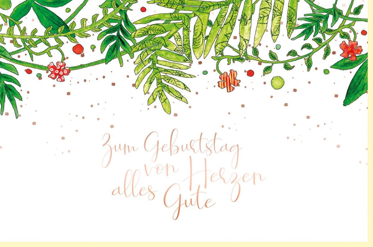 Geburtstagskarte mit Pflanzenillustrationen, Handlettering in Grün und Rot, Naturdesign für besondere Geburtstagsgrüße