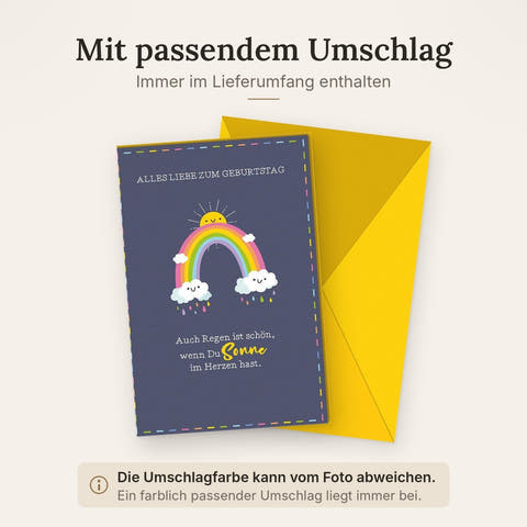 Geburtstagskarte mit Regenbogenmotiv und Spruch: Alles Liebe zum Geburtstag, Sonne im Herzen