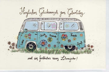 Geburtstagskarte mit Retro - Bulli Motiv und Blumen Vintage Stil liebevoll gestaltet für Freunde Glückwünsche Freude Spaß zum Geburtstag