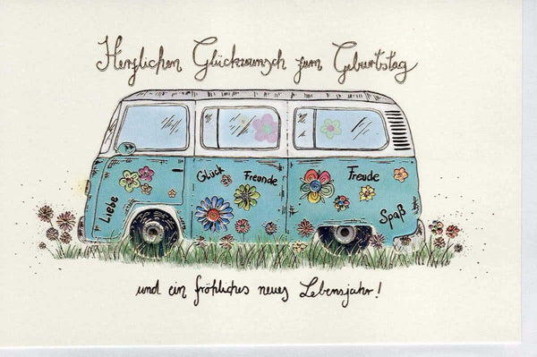 Geburtstagskarte mit Retro-Bulli Motiv und Blumen Vintage Stil liebevoll gestaltet für Freunde Glückwünsche Freude Spaß zum Geburtstag