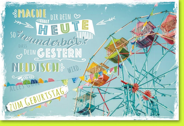 Geburtstagskarte mit Retro Riesenrad-Motiv, Bunte Gondeln & Spruch - Farbenfrohe Glückwunschkarte