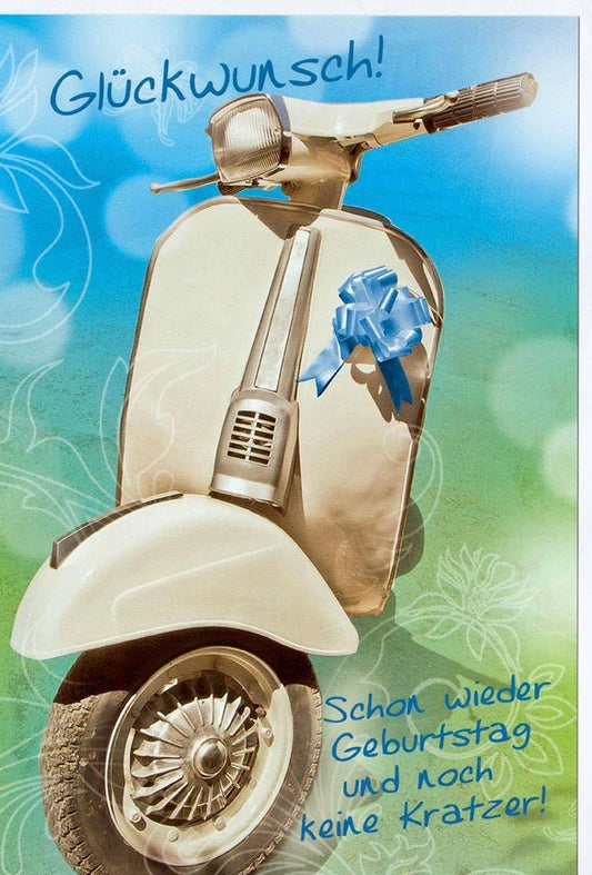 Geburtstagskarte mit Roller - Motiv und Schleife Glückwunschkarte zum Geburtstag für Männer lustige Doppelkarte Retro Design