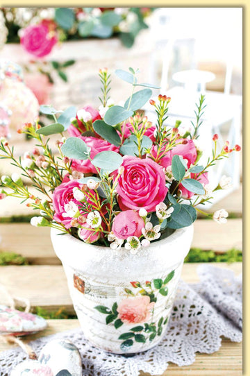 Geburtstagskarte mit Rosenstrauß im Vintage - Topf zarte Blumenmotive liebevoll gestaltet edle Grußkarte für besondere Geburtstage