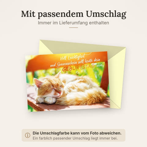 Geburtstagskarte mit schlafender Katze auf Holzbank im Sonnenschein liebevoller Spruch Glückwunschkarte zum Geburtstag