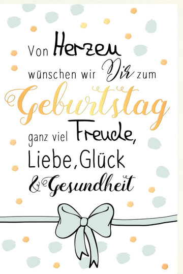 Geburtstagskarte mit Schleife und Punkten Herzenswünsche zum Geburtstag viel Freude Liebe Glück und Gesundheit stilvolle Doppelkarte