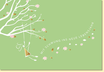 Geburtstagskarte mit Schwung ins neue Lebensjahr Baum Schaukel rosa Blüten edle Doppelkarte für Glückwünsche Geburtstag