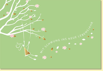 Geburtstagskarte mit Schwung ins neue Lebensjahr Baum Schaukel rosa Blüten edle Doppelkarte für Glückwünsche Geburtstag