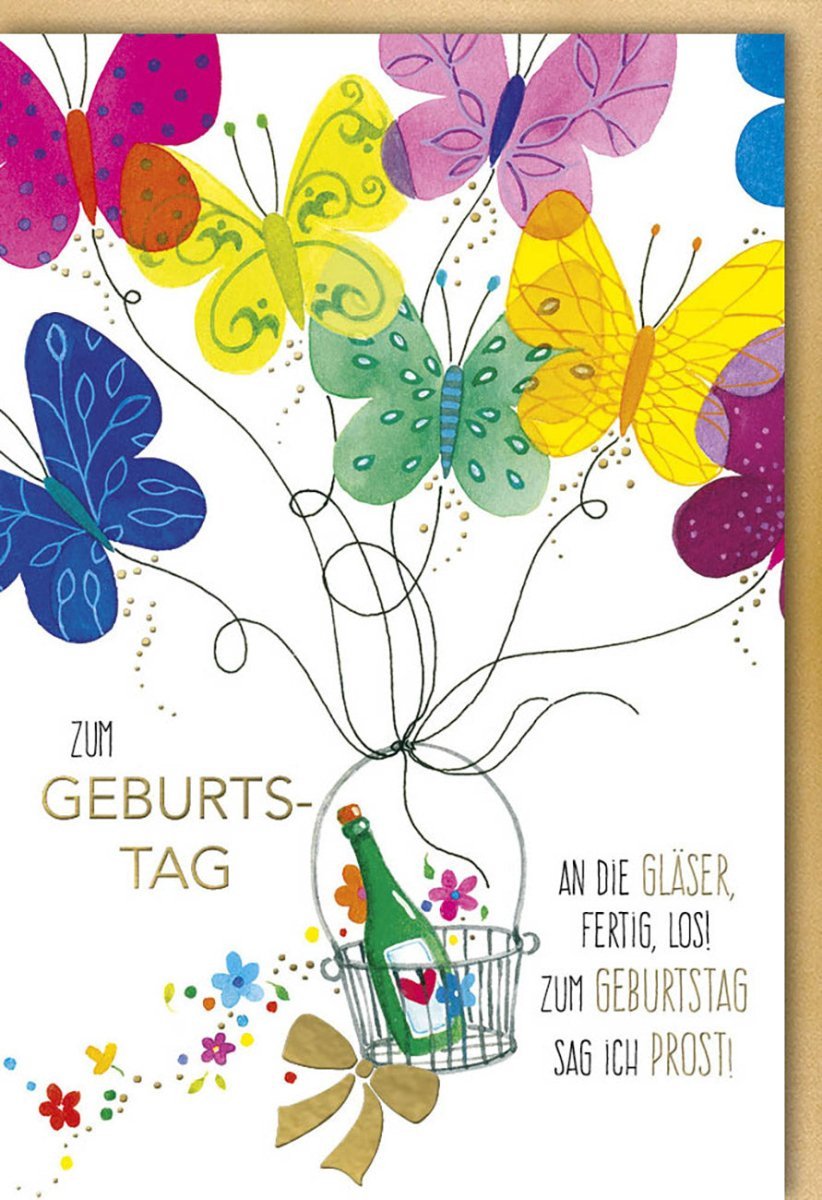 Geburtstagskarte mit Sekt & Schmetterlingen - Fröhliche Gratulation zum Anstoßen, Cheers auf besondere Momente