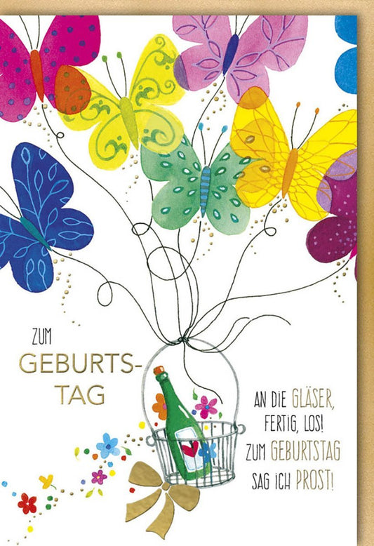 Geburtstagskarte mit Sekt & Schmetterlingen - Fröhliche Gratulation zum Anstoßen, Cheers auf besondere Momente