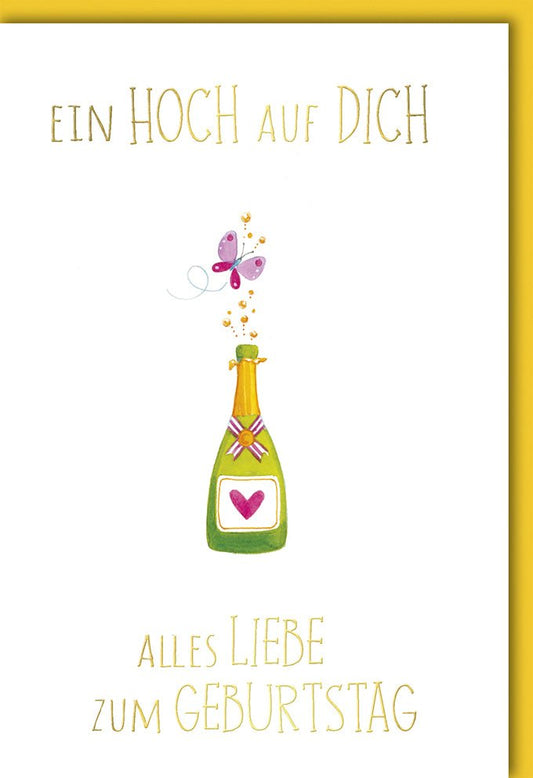 Geburtstagskarte mit Sektflasche & Schmetterling - Humorvolle Glückwünsche für Erwachsene, Frauen und Männer in Grün & Gelb