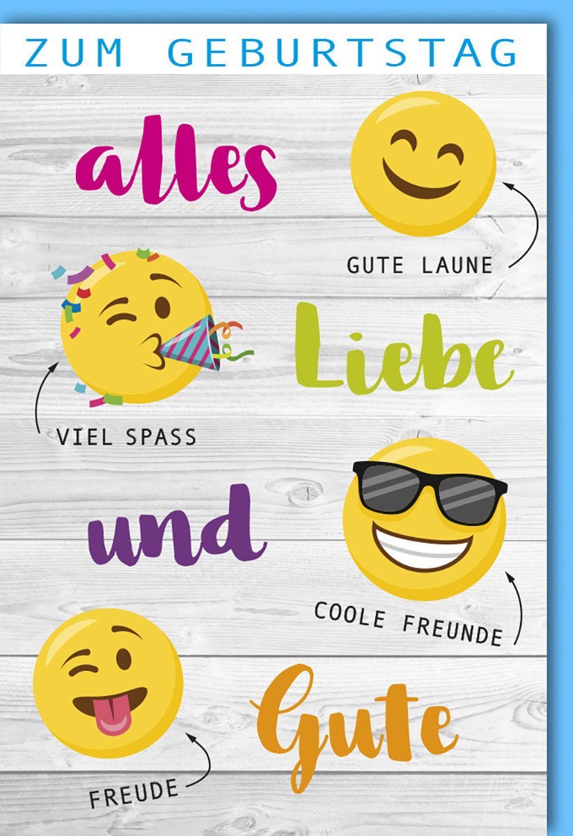 Geburtstagskarte mit Smiley - Emoji - Motiven für gute Laune und bunte Freude