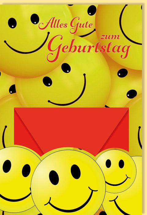Geburtstagskarte mit Smileys: Geldgeschenk für Jugendliche & Erwachsene, Emoji - Design in Gelb & Rot