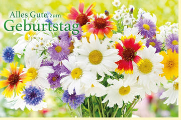 Geburtstagskarte mit Sommerblumen - Farbenfroher Strauß aus Margeriten, Kornblumen & Gänseblümchen in Gelb, Weiß & Lila für liebevolle Grüße