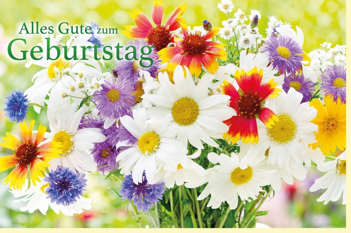 Geburtstagskarte mit Sommerblumen - Farbenfroher Strauß aus Margeriten, Kornblumen & Gänseblümchen in Gelb, Weiß & Lila für liebevolle Grüße