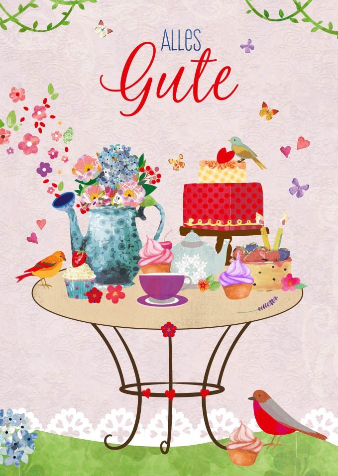 Geburtstagskarte mit Spruch: Charmante Illustration von Tisch, Torte und Vogel - Alles Gute!