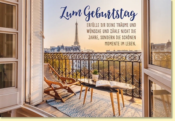Geburtstagskarte mit Spruch und Eiffelturm Motiv elegante Doppelkarte für besondere Geburtstagswünsche Paris Balkon Panorama